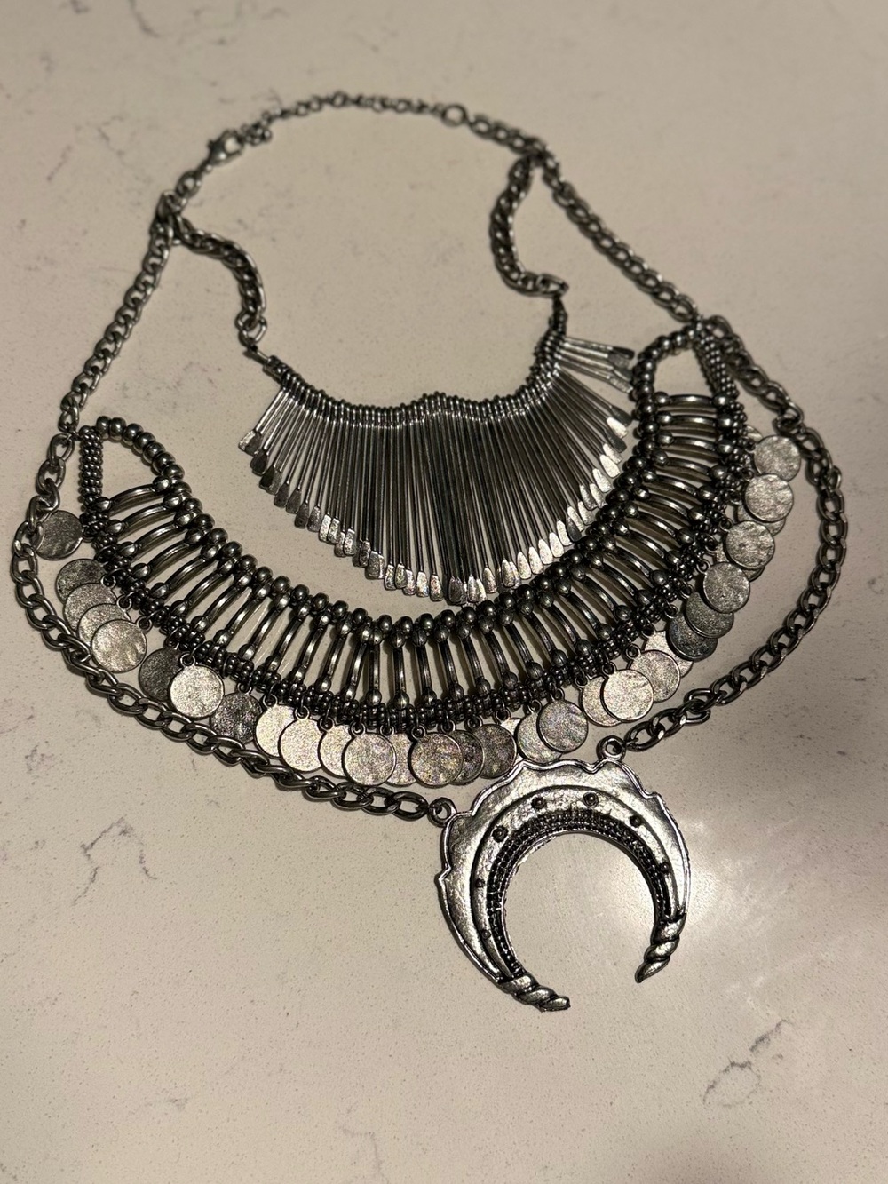 Chunky Silver-Toned Layered Boho Necklace